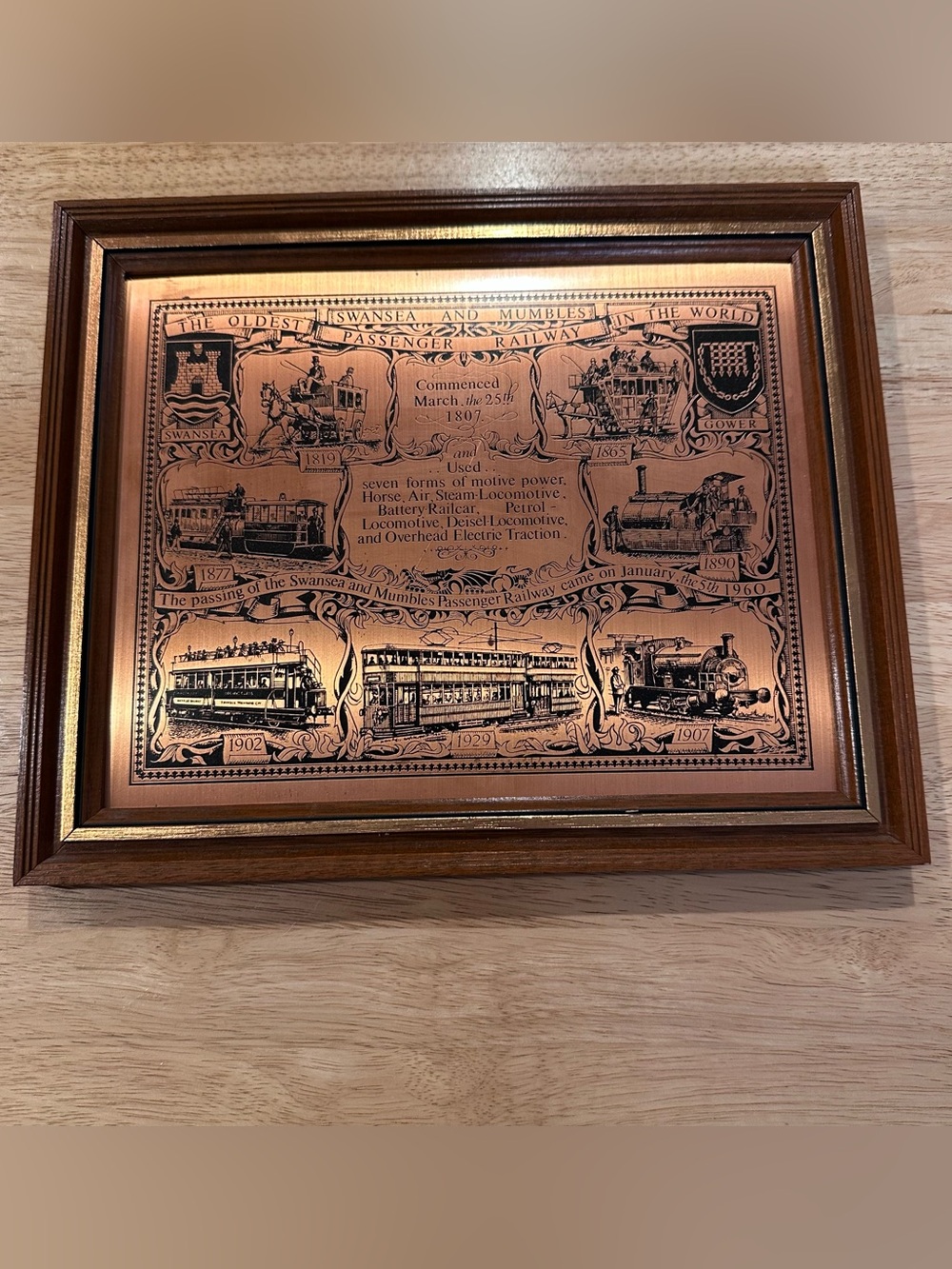 Coppercraft vin Swansea & Mumbles Railway Vintage copper etched Wall Plaque 8x10
